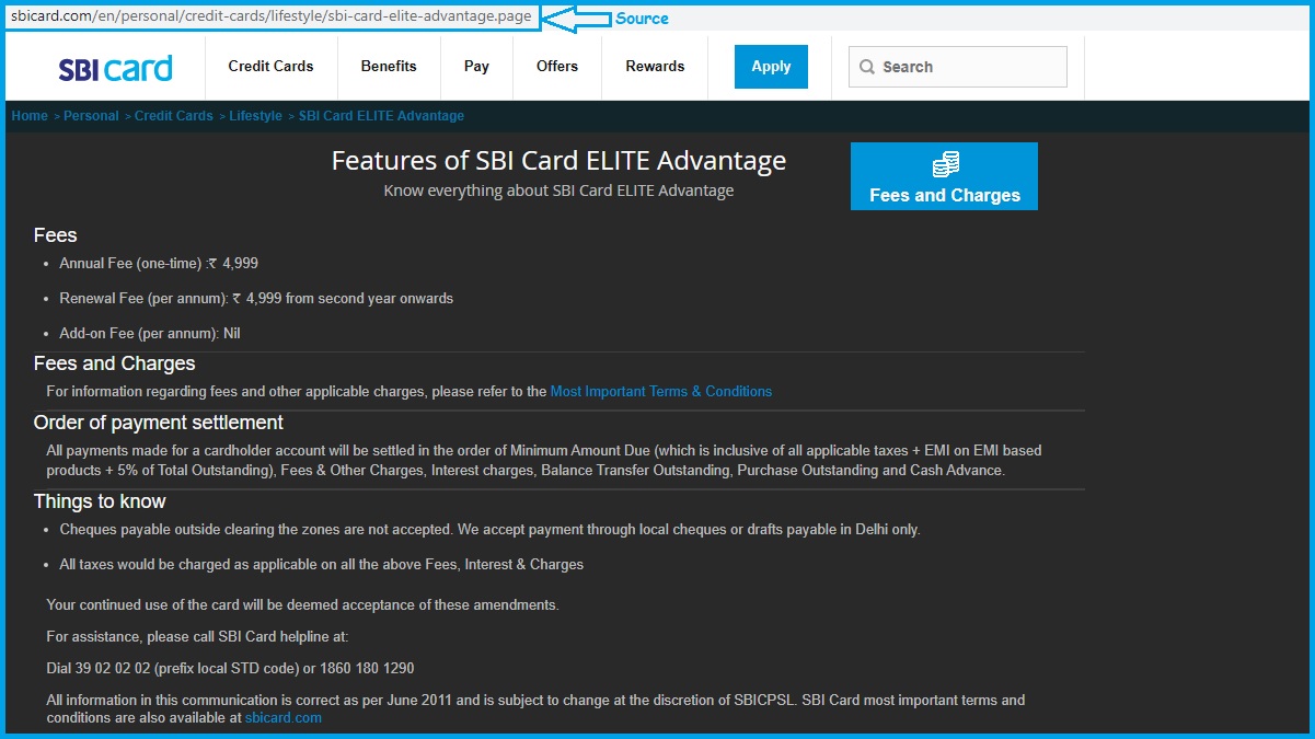 SBI ELITE Advantage card Fees & Charges